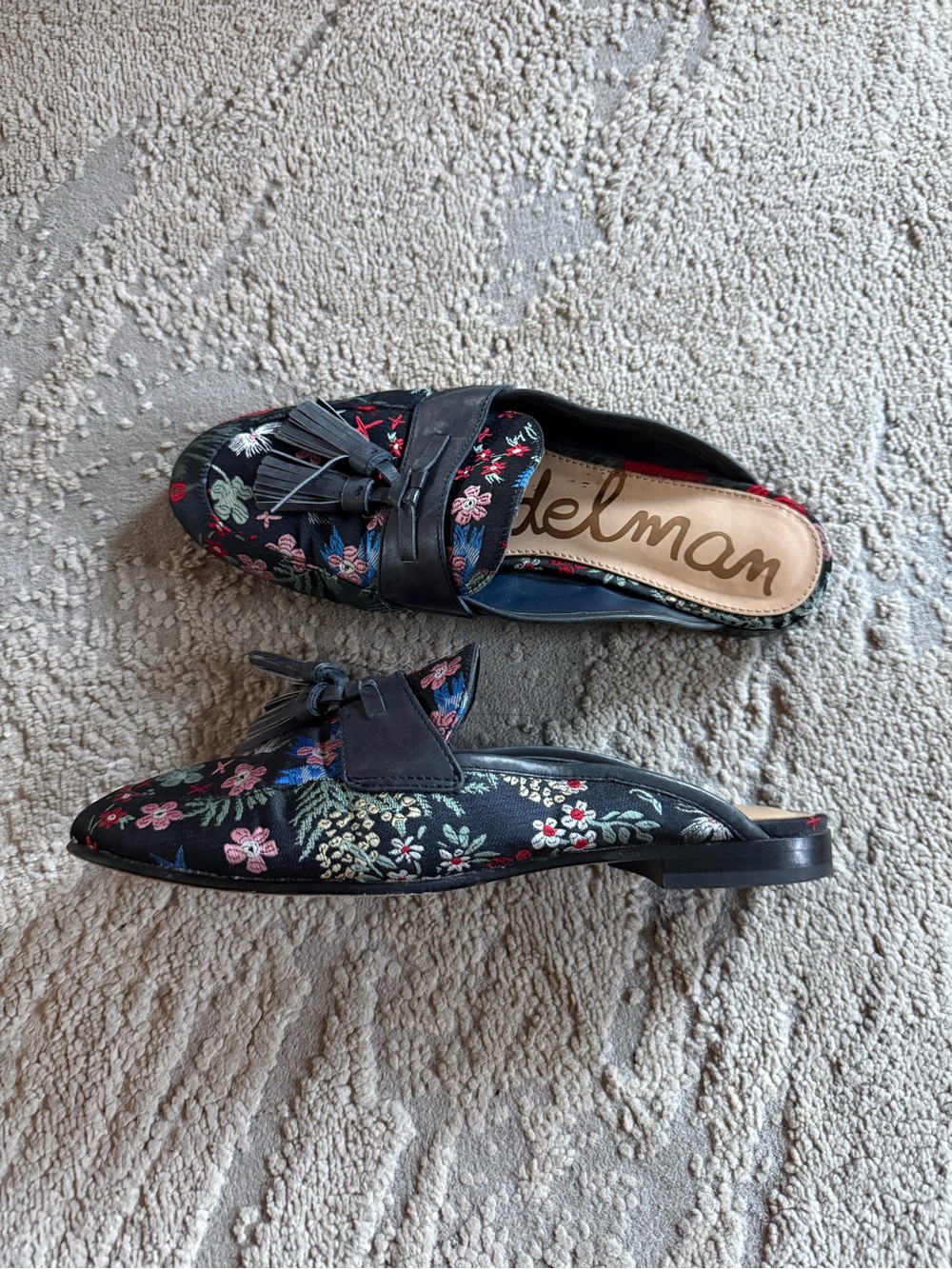 Sam Edelman Paris Blue Floral Mules slip on fabric leather flats tassels 6.5